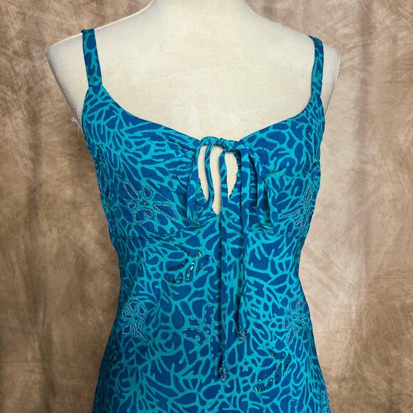 Vintage Y2K Tropical Tantrum Floral Leaf Print Beaded Sequin Mini Dress Blue - Picture 2 of 12